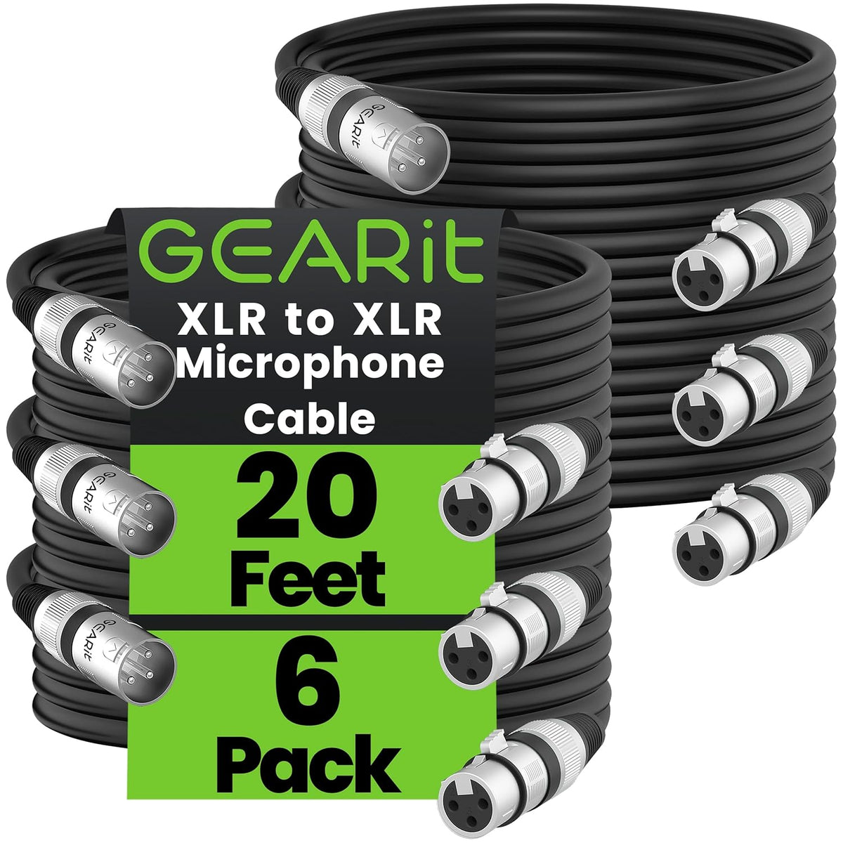 GEARit XLR Male to Female Microphone Cable (10 Feet, 6-Pack) 3-Pin Balanced Shielded Mixer, Recording Studio, Podcast - Black - PuriLite