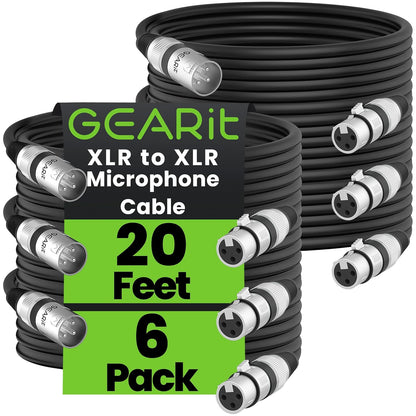 GEARit XLR Male to Female Microphone Cable (10 Feet, 6-Pack) 3-Pin Balanced Shielded Mixer, Recording Studio, Podcast - Black - PuriLite