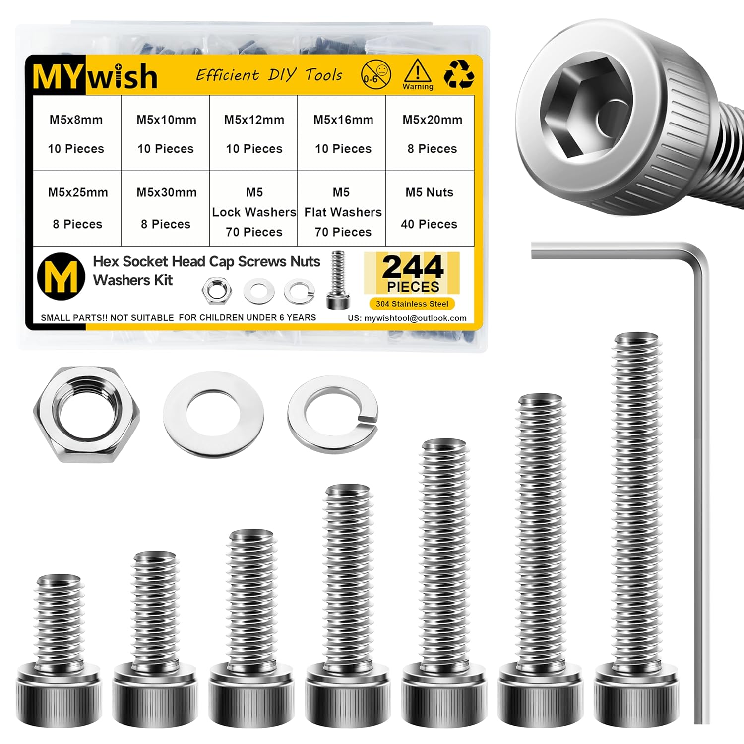 Mywish 900Pcs Metric Screw Assortment, M3 M4 M5 M6 Screw Assortment Kit 304 Stainless Steel Hex Socket Button Head Socket Cap Metric Screws Bolts & Flat Washers/Nuts/Hex Wrenches 16 Sizes 8MM to 20MM - PuriLite