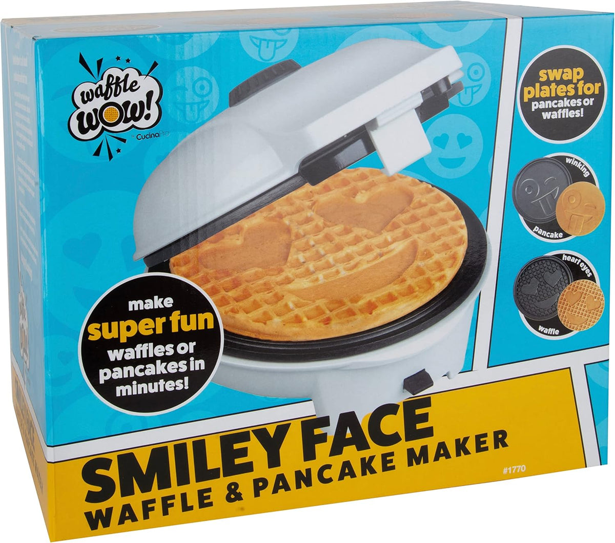 Smiley Face Waffler & Pancake Maker w 2 Interchangeable, Removable 8" Plates- Adjustable Temperature Control, Non-stick Electric Griddle Iron- Easy Clean, Make Kid's Breakfast Fun- Great Holiday Gift - PuriLite