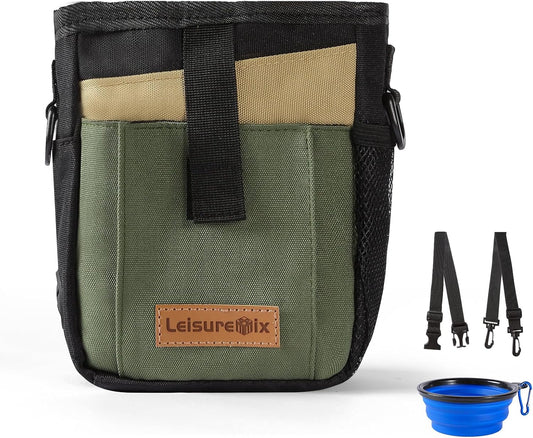 Dog Treat Pouch with Collapsible Bowl & Zippered Pockets Hands-Free Training Treat Pouch Bag for Dogs Waterproof Pet Waist Bag, Adjustable Strap Training, Hiking, Outdoor Use (Black & Olive Green) - PuriLite