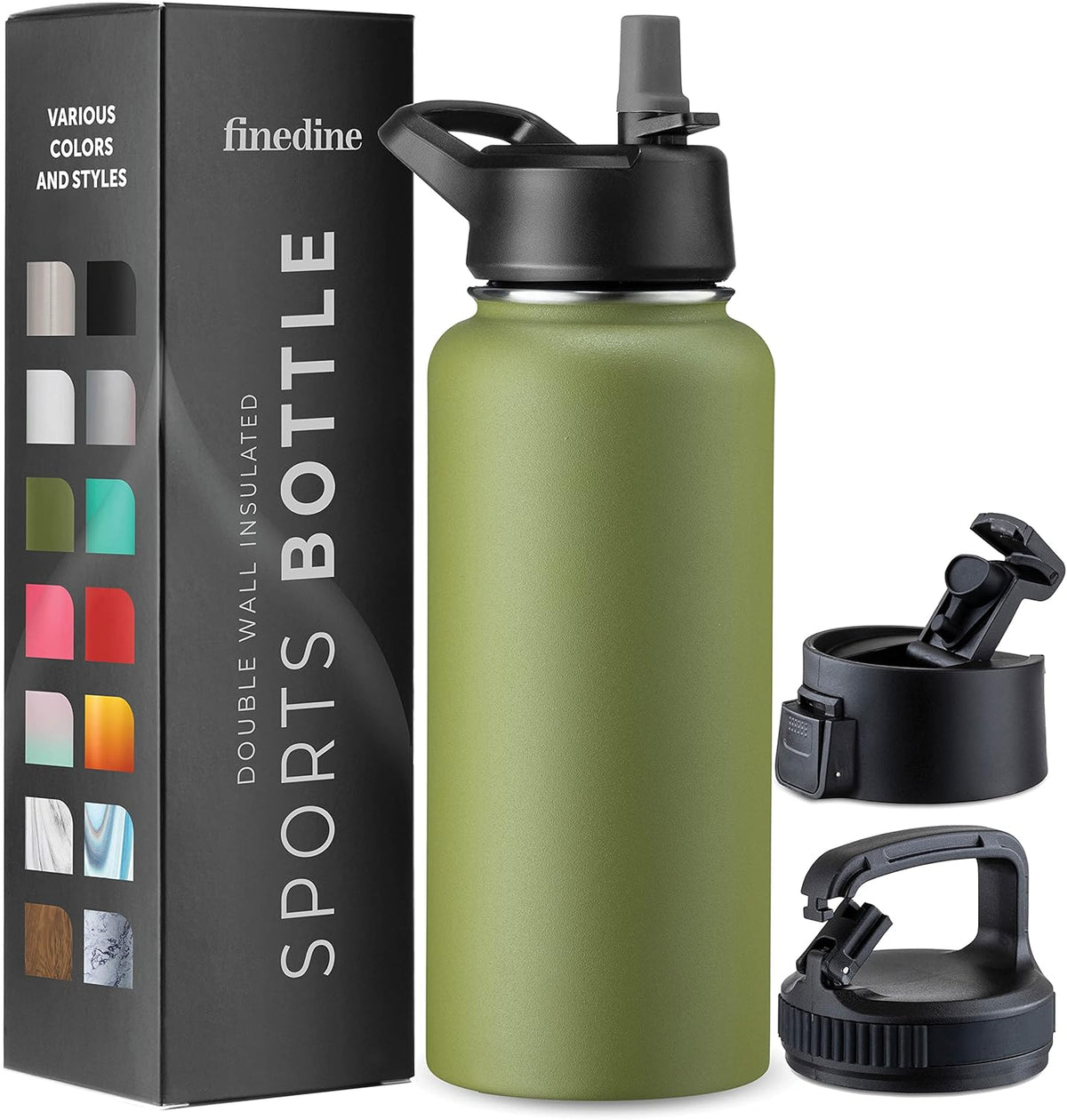 FineDine Water Bottle - Stainless Steel Insulated Water Bottle with Straw Lid, Flip Lid & Wide-Mouth Cap - Keeps Hot and Cold - 25 Oz / 739ml - Pure Pearly White - PuriLite