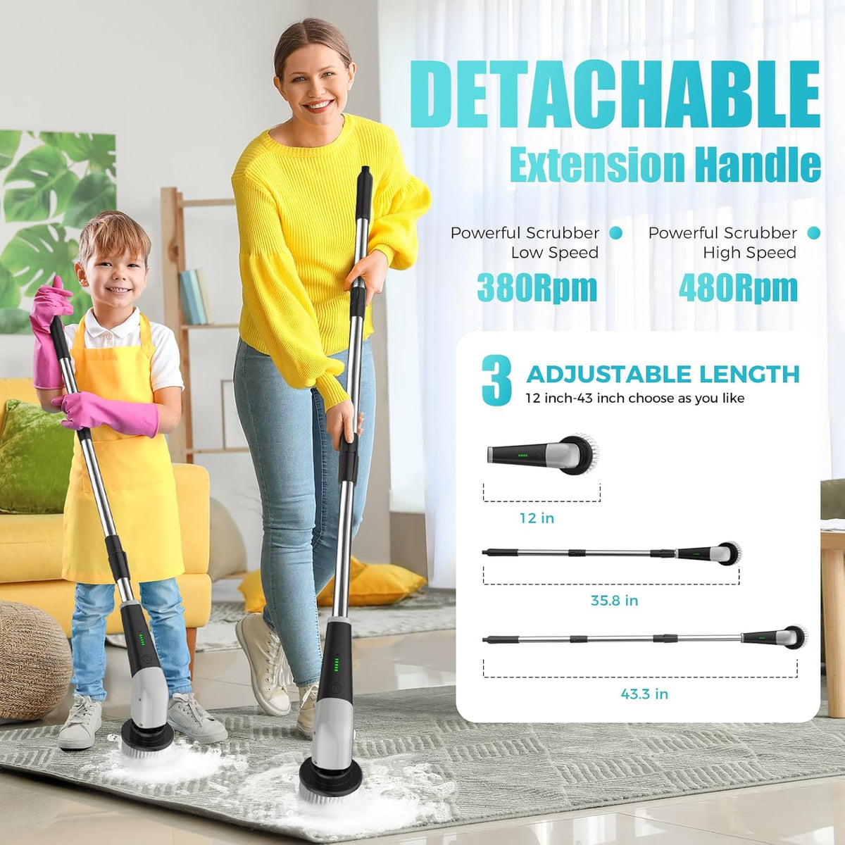 YKYI Electric Spin Scrubber,Cordless Electric Cleaning Brush,Shower Scrubber with 8 Replaceable Brush Heads,Power Scrubber 2 Adjustable Speeds,Bathroom Brush with Long Handle for Bathtub,Tile,Floor - PuriLite