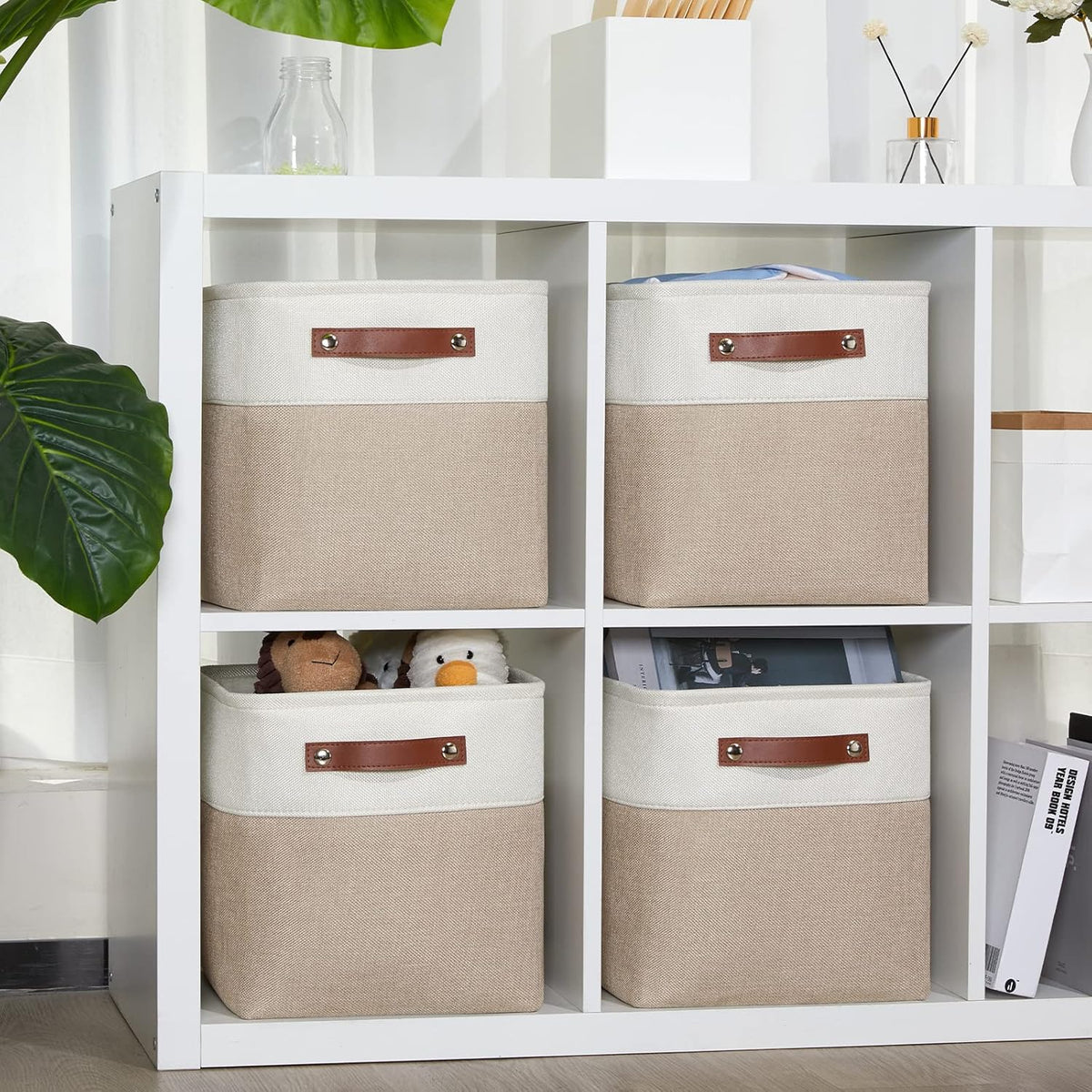 DULLEMELO Storage Baskets for Shelves, Fabric Collapsible Rectangular Storage Bins for Shelves, Closets, Nursery, Home, Office, Empty Gift Baskets (White&Teal) - PuriLite