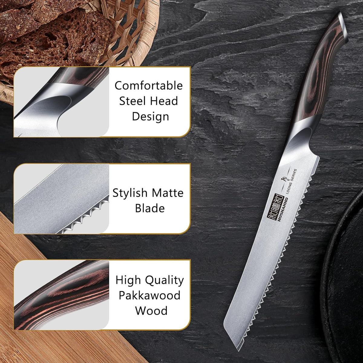 HOSHANHO Bread Knife 10 inch, Japanese High Carbon Stainless Steel Serrated Bread Knife, Professional Bread Cutting Knife for Homemade Bread - PuriLite