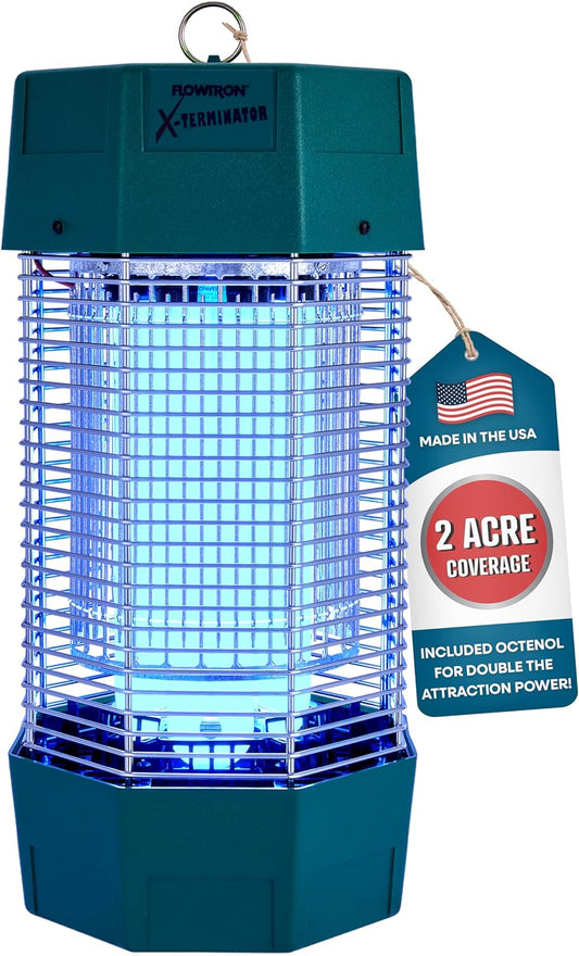 Flowtron Electric Bug Zapper 2 Acres Outdoor Insect Control with Dual Lure Method, 120W UV Light & Octenol Attractant for Fly & Mosquito, 5600V Kill Grid, Made in USA - PuriLite