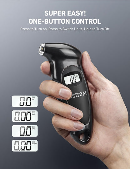 AstroAI Digital Tire Pressure Gauge with Replaceable AAA Batteries, 150 PSI 4 Settings Industrial Tire Gauge for Car Truck Bicycle Backlit LCD Non-Slip Grip Car Accessories(Black) - PuriLite