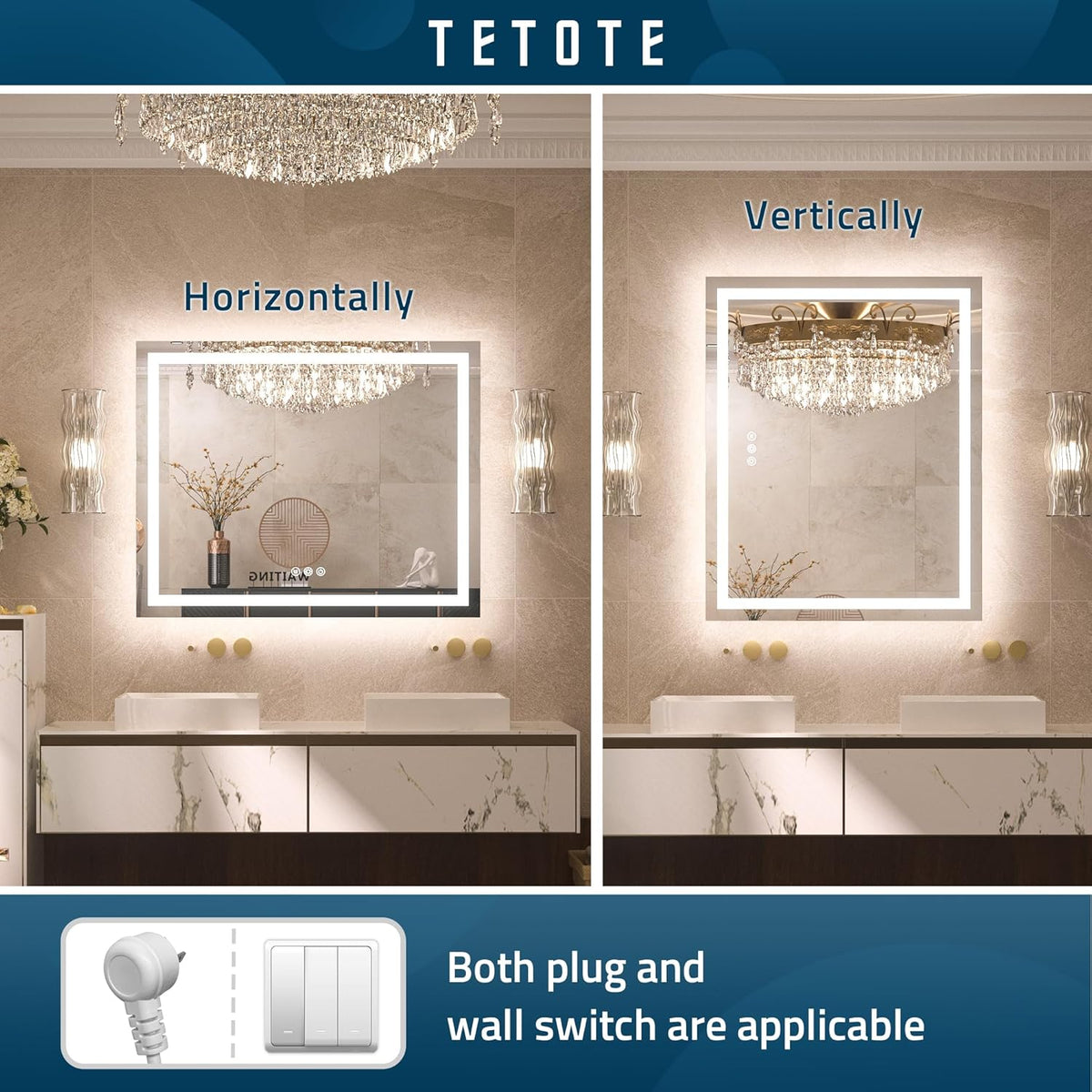 TETOTE LED Bathroom Mirror 20x28 Frontlit & Backlit Lighted Vanity Mirror Anti Fog Stepless Dimmable 3 Colors White/Warm/Natural,Double Lights,Wall-Mounted(Horizontal/Vertical) - PuriLite