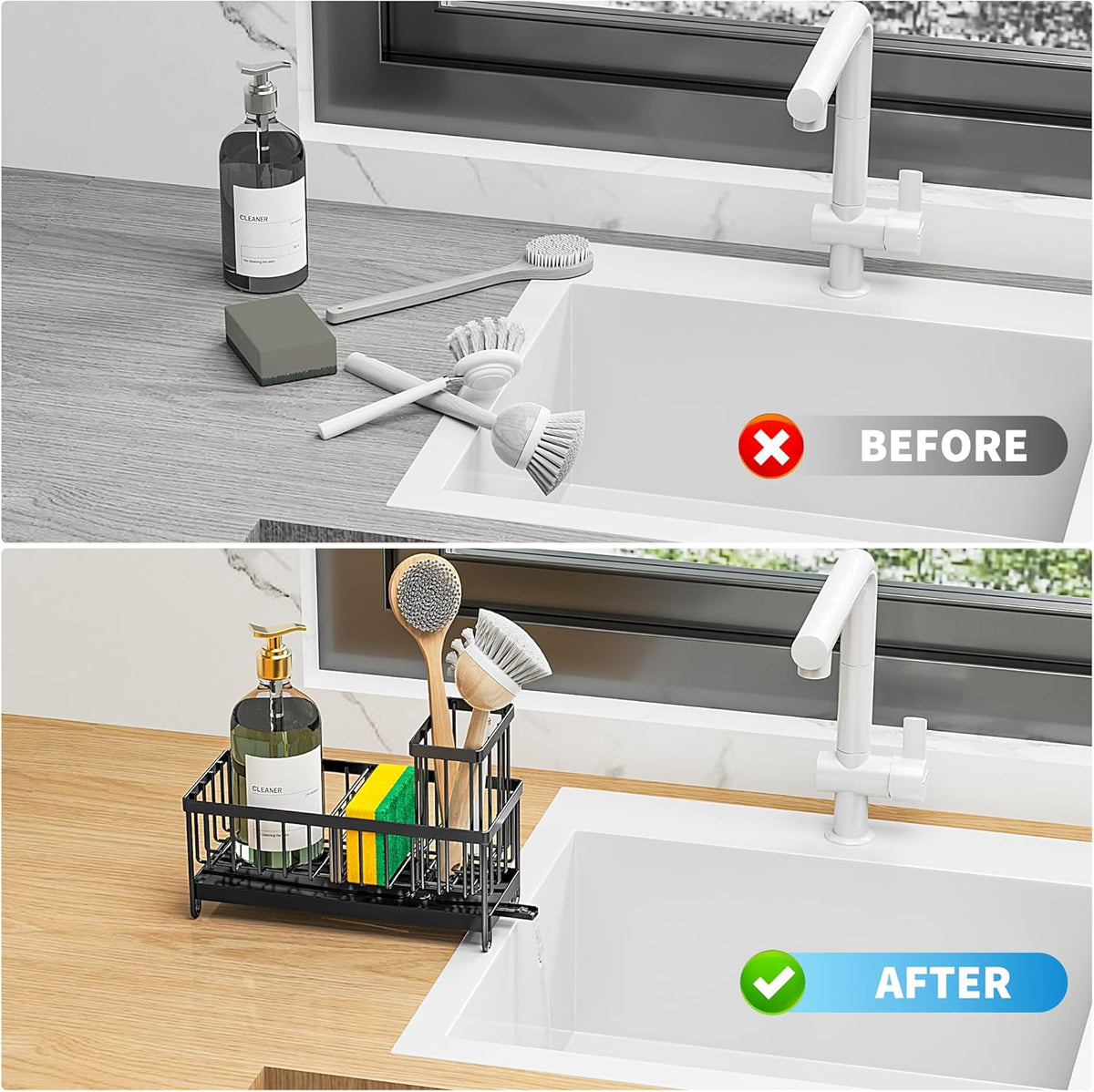 Cisily Sponge Holder for Kitchen Sink, Sink Caddy with High Brush Holder, Organzier Rustproof 304 Stainless Steel Dish Organizer Divider, Soap Dispenser Storage (Black) - PuriLite