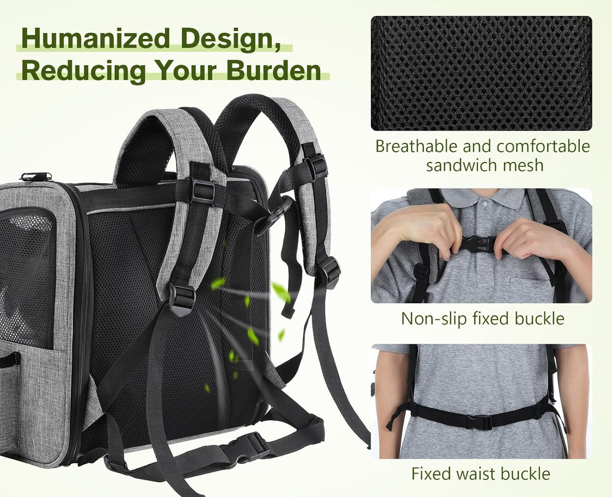 Pecute Cat Backpack with Breathable Mesh, Dog Backpack Carrier with Multi-Pockets for Cats Puppies, Pet Backpack Carrier for Travel Hiking Camping Outdoor （Gray） - PuriLite