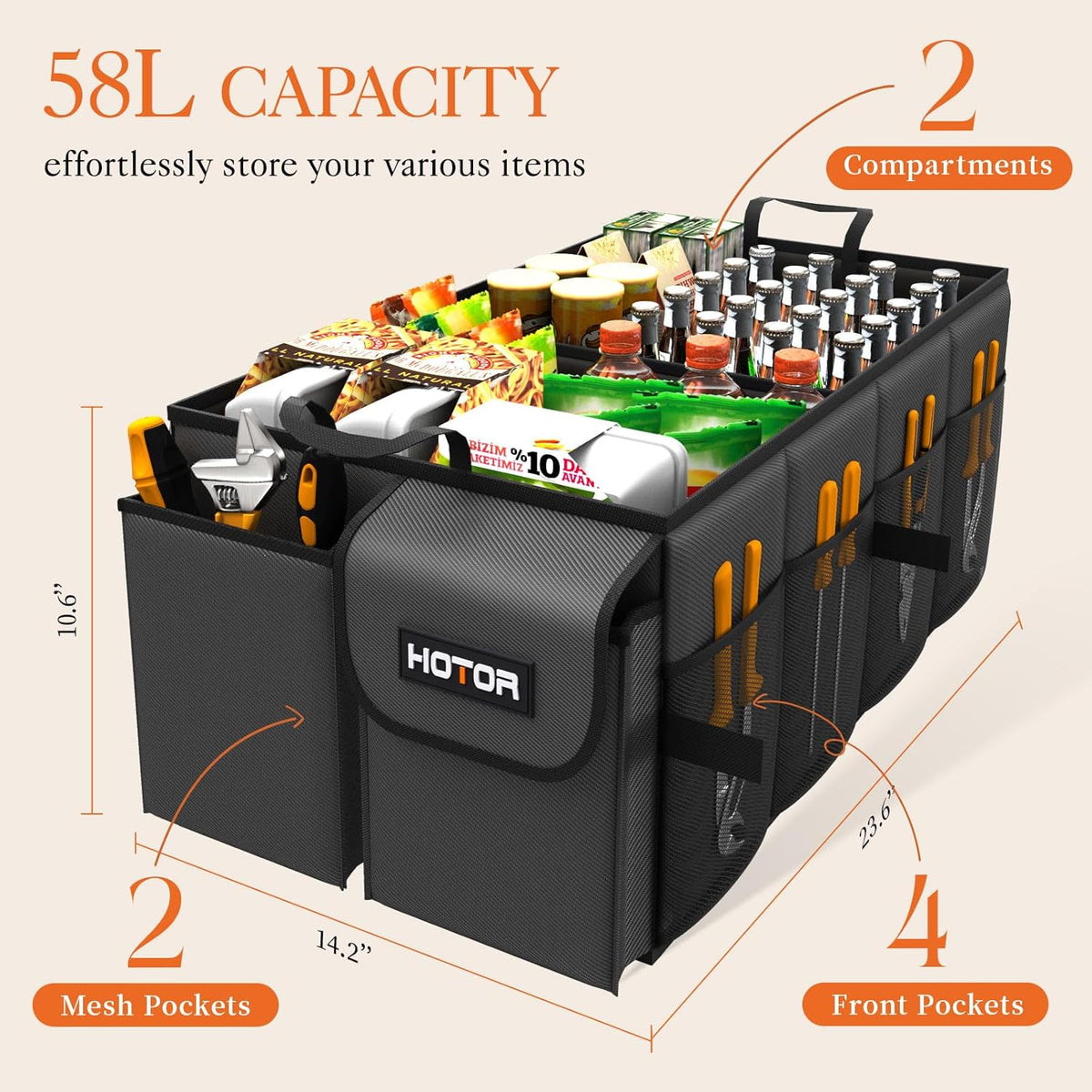 HOTOR Trunk Organizer - Car Organizer, Foldable Trunk organizer for SUVs & Sedans, Car Accessories, Tools, Sundries, 2 Compartments, Black - PuriLite