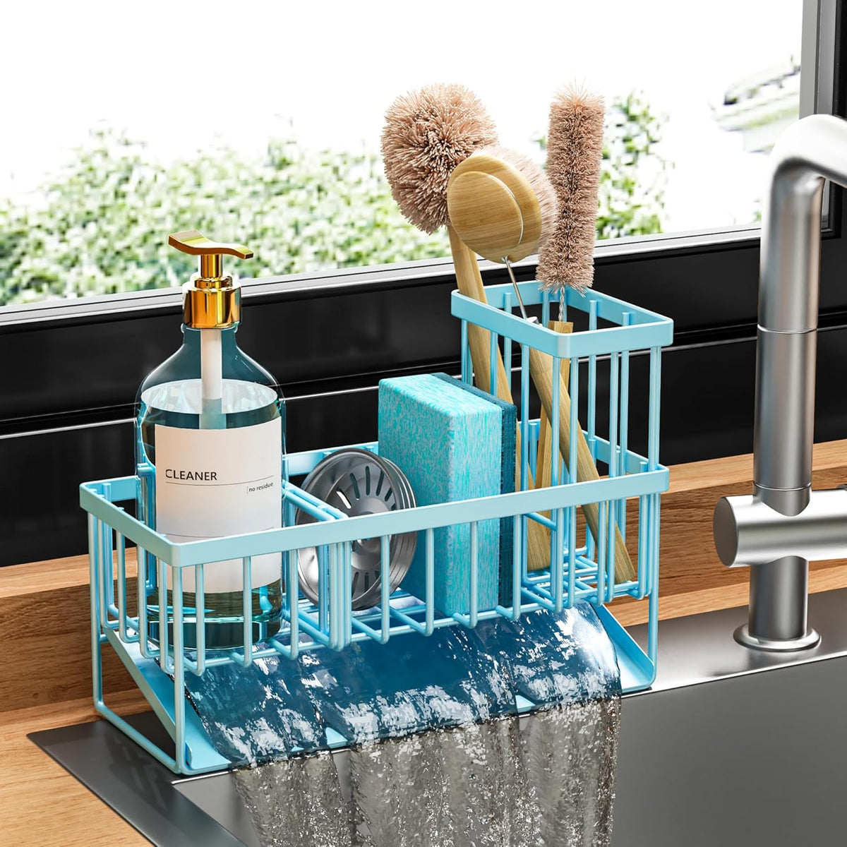 Cisily Kitchen Sink Caddy Organzier with High Brush Holder, Sponge Holder for Sink, 304 Rustproof Stainless, Kitchen Countertop Soap Dispenser Organizer, Kitchen Decor and Accessories (Black) - PuriLite