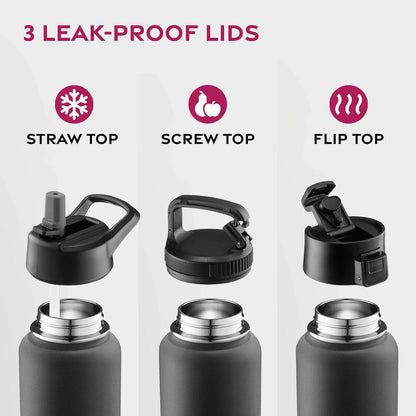 FineDine Water Bottle - Stainless Steel Insulated Water Bottle with Straw Lid, Flip Lid & Wide-Mouth Cap - Keeps Hot and Cold - 25 Oz / 739ml - Pure Pearly White - PuriLite