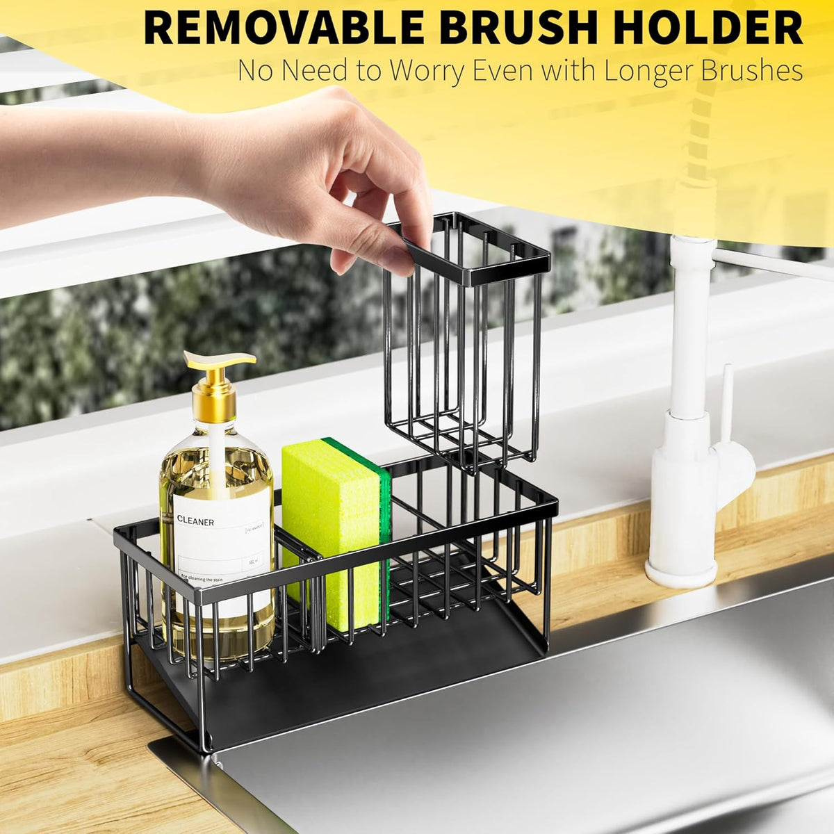 Cisily Kitchen Sink Caddy Organzier with High Brush Holder, Sponge Holder for Sink, 304 Rustproof Stainless, Kitchen Countertop Soap Dispenser Organizer, Kitchen Decor and Accessories (Black) - PuriLite
