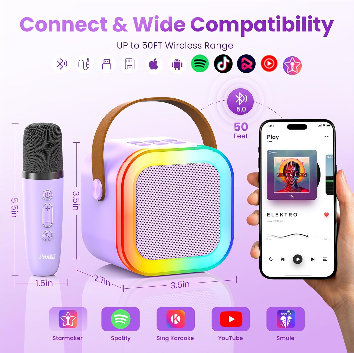 Karaoke Machine for Kids Adults, Portable Bluetooth Mini Karaoke Microphone Singing Speaker Karaoke Player with 2 Wireless Mic Toys for All Smartphones,Birthday, Family,Home Party (Purple) - PuriLite