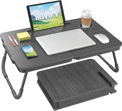 BUYIFY Portable Foldable Laptop Desk for Bed and Couch, Adjustable Lap Desk with Cup Holder and Phone Holder, Ideal for Working, Reading, Writing, and Breakfast (Black)-USA Original Patent