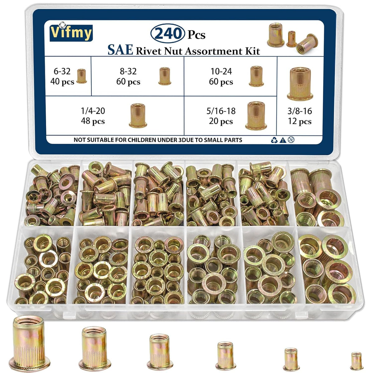 Vifmy Metric & SAE Rivet Nut Assortment Kit(420 Pcs),m3 m4 m5 m6 m8 m10 m12#6-32#8-32#10-24 1/4"-20 5/16"-18 3/8"-16 UNC Flat Head Rivnut Set,Zinc Plated Finish Carbon Steel Nutsert - PuriLite