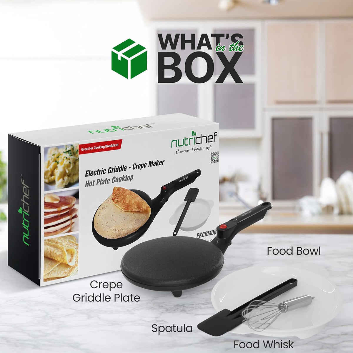 NutriChef Electric Crepe Maker, Cooks Roti, Tortillas, Pancakes, Nonstick Cooktop, 8-inch Cook Area On/Off Switch, Automatic Temperature Control & Cool Touch Handle, Includes Food Bowl, Whisk, Spatula - PuriLite
