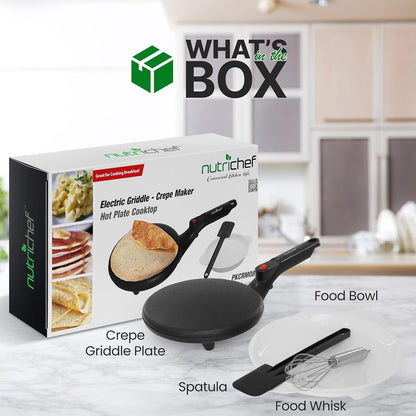 NutriChef Electric Crepe Maker, Cooks Roti, Tortillas, Pancakes, Nonstick Cooktop, 8-inch Cook Area On/Off Switch, Automatic Temperature Control & Cool Touch Handle, Includes Food Bowl, Whisk, Spatula - PuriLite