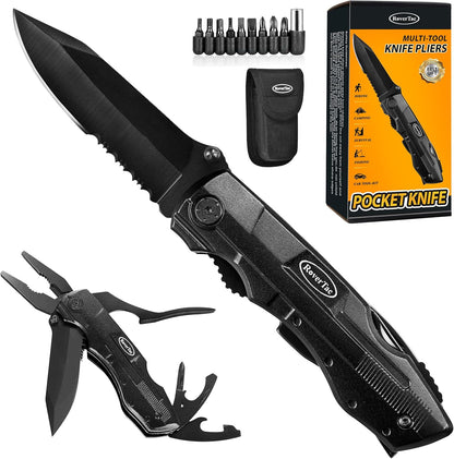 RoverTac Pocket Knife Tactical Folding Knife Multi Tool Survival Camping Knife, Multitool Knife Pliers Bottle & Can Opener 9-Pack Screwdrivers Liner Lock Nylon Sheath, Pocket Knife for Camping Hiking - PuriLite