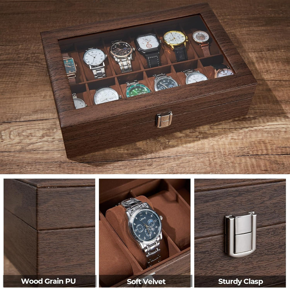 Ohuhu Watch Box Organizer for Men -12 Slot Leather Watch Case with Real Glass Lid Watch Display Case, Watch Organizer Jewelry Storage Box - PuriLite