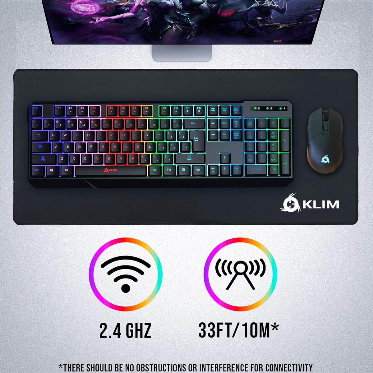 KLIM  Chroma Wireless Gaming Keyboard RGB New - Long-Lasting Rechargeable Battery - Quick and Quiet Typing - Water Resistant Backlit Wireless Keyboard for PC PS5 PS4 Mac - Black - PuriLite