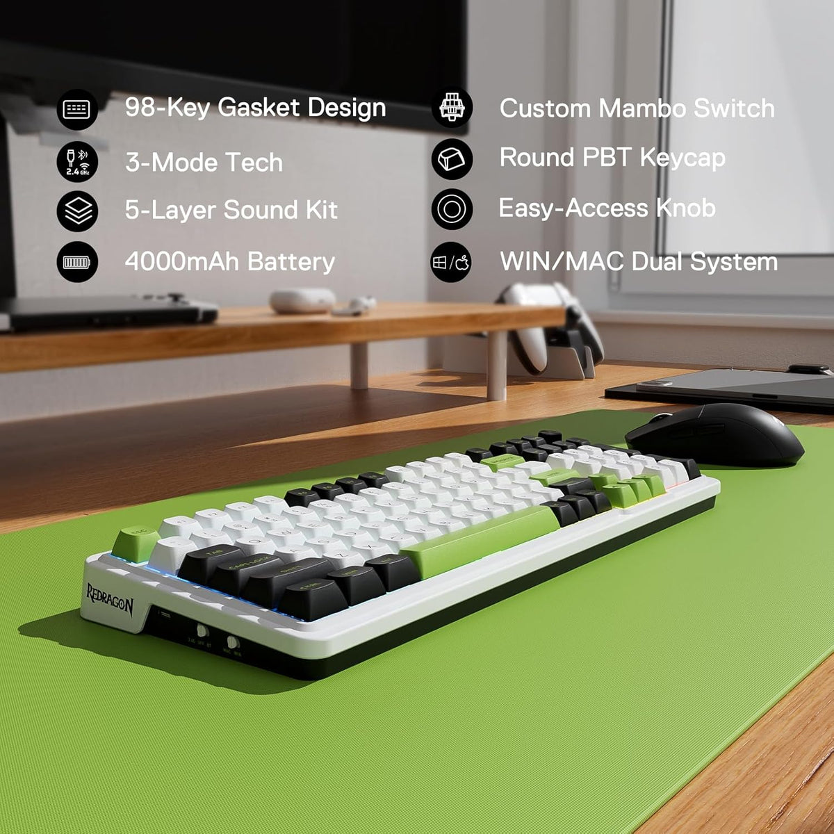 Redragon K686 PRO 98 Keys Wireless Gasket RGB Gaming Keyboard, 3-Modes Anime Mechanical Keyboard w/Hot-Swap Socket, Dedicated Knob Control & Sound Absorbing Pads, Custom Hi-Fi Linear Switch - PuriLite