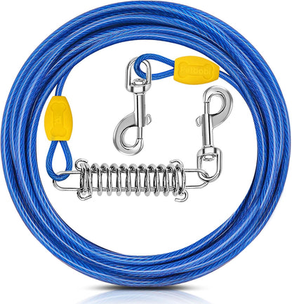 Petbobi Dog Tie-Out Cable 30ft - Outdoor Leash 4mm Metal Cable with Shock Absorbing Spring 360° Swivel Clips, Dog Chain for Yard Camping, Fit Small Medium Large Pets Up to 120lbs, Blue - PuriLite
