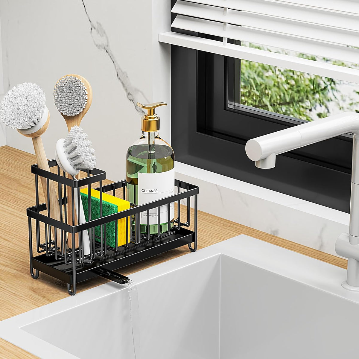 Cisily Sponge Holder for Kitchen Sink, Sink Caddy with High Brush Holder, Organzier Rustproof 304 Stainless Steel Dish Organizer Divider, Soap Dispenser Storage (Black) - PuriLite