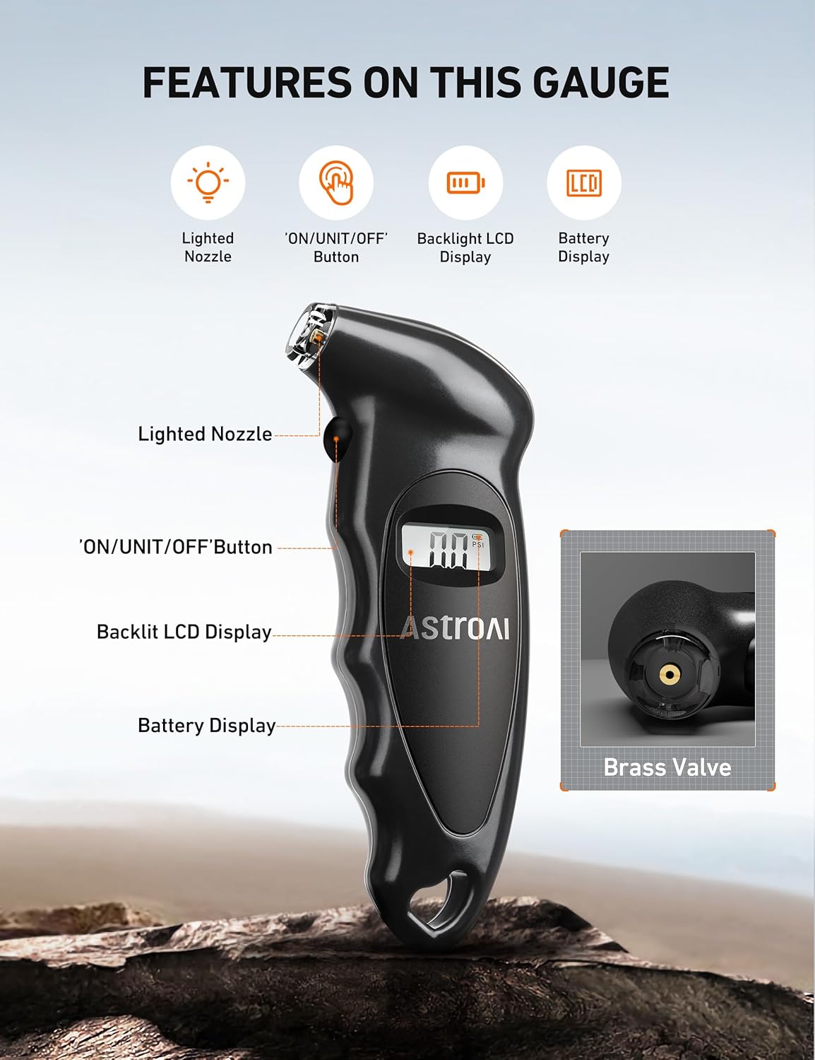 AstroAI Digital Tire Pressure Gauge with Replaceable AAA Batteries, 150 PSI 4 Settings Industrial Tire Gauge for Car Truck Bicycle Backlit LCD Non-Slip Grip Car Accessories(Black) - PuriLite