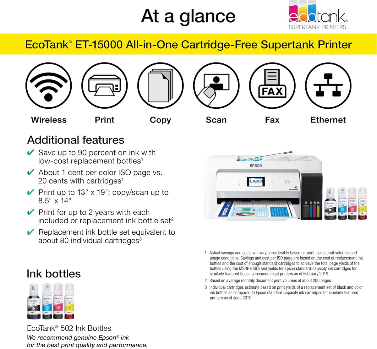 Epson EcoTank ET-15000 Wireless Color All-in-One Supertank Printer with Scanner, Copier, Fax, Ethernet and Printing up to 13 x 19 Inches - PuriLite