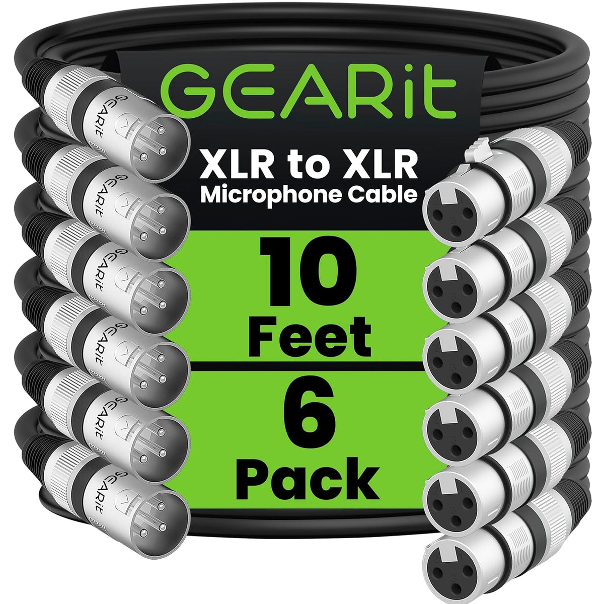 GEARit XLR Male to Female Microphone Cable (10 Feet, 6-Pack) 3-Pin Balanced Shielded Mixer, Recording Studio, Podcast - Black - PuriLite