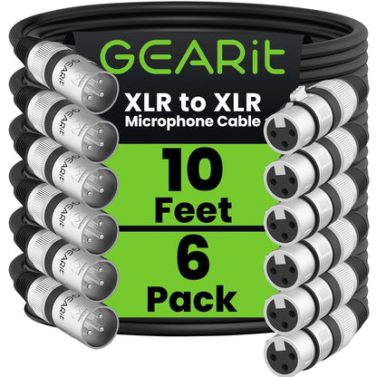 GEARit XLR Male to Female Microphone Cable (10 Feet, 6-Pack) 3-Pin Balanced Shielded Mixer, Recording Studio, Podcast - Black - PuriLite