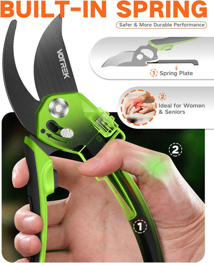 VOTREK Pruning Shears - 8.5" Heavy Duty Bypass Pruners for Gardening with Built-in Spring & SK5 Steel Blades - Ergonomic Adjustable Handle for All Hand Sizes, Garden Clipper Plant Scissors for Branch - PuriLite