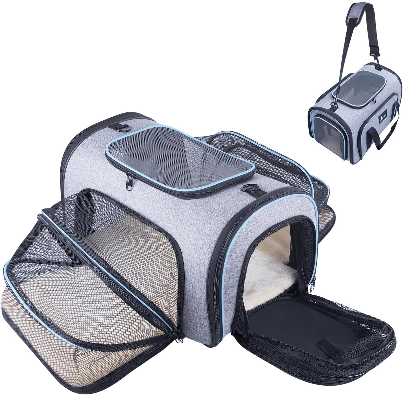 Siivton Cat Carrier,4 Sided Expandable Pet Carrier for Travel,Collapsible Soft-Sided Carriers with Removable Fleece Pad and Shoulder Straps,Airline Approved(17.5"x 11"x 11") - PuriLite