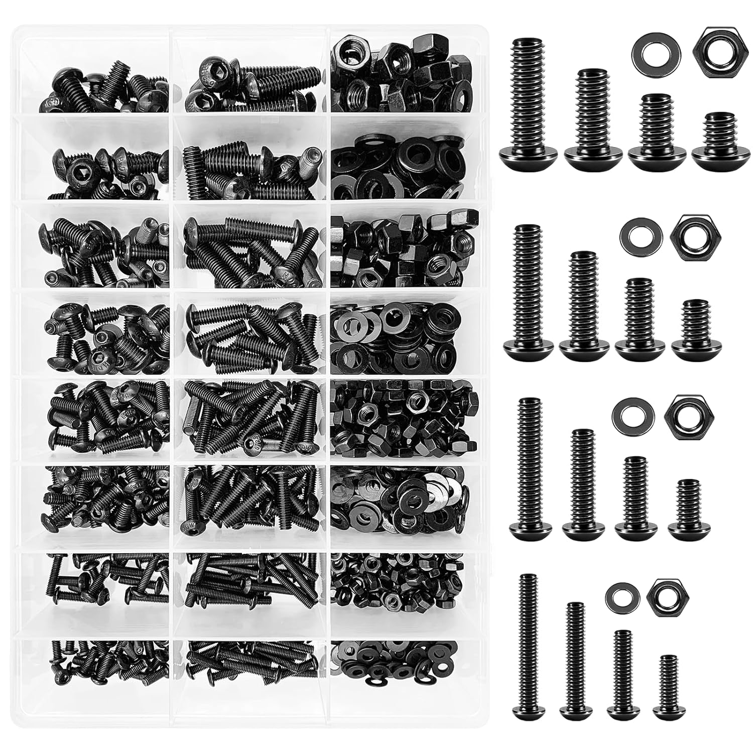 Mywish 900Pcs Metric Screw Assortment, M3 M4 M5 M6 Screw Assortment Kit 304 Stainless Steel Hex Socket Button Head Socket Cap Metric Screws Bolts & Flat Washers/Nuts/Hex Wrenches 16 Sizes 8MM to 20MM - PuriLite