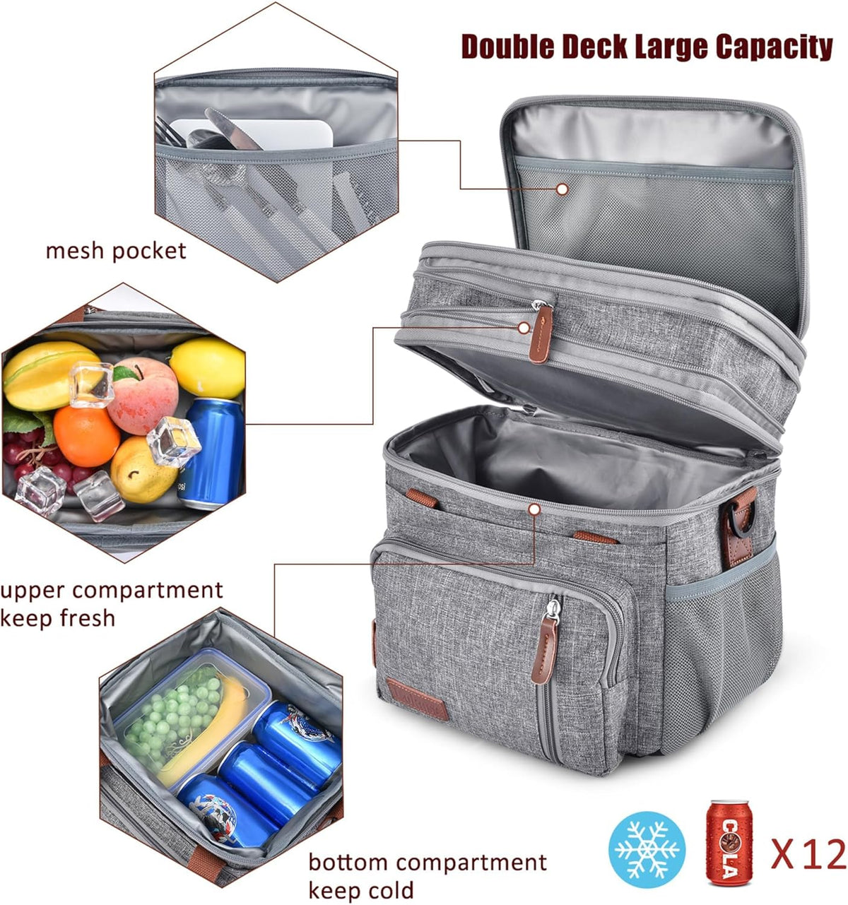 Lunch Bag for Women Men Double Deck Lunch Box - Leakproof Insulated Soft Large Lunch Cooler Bag, MIYCOO (Black,15L) - PuriLite