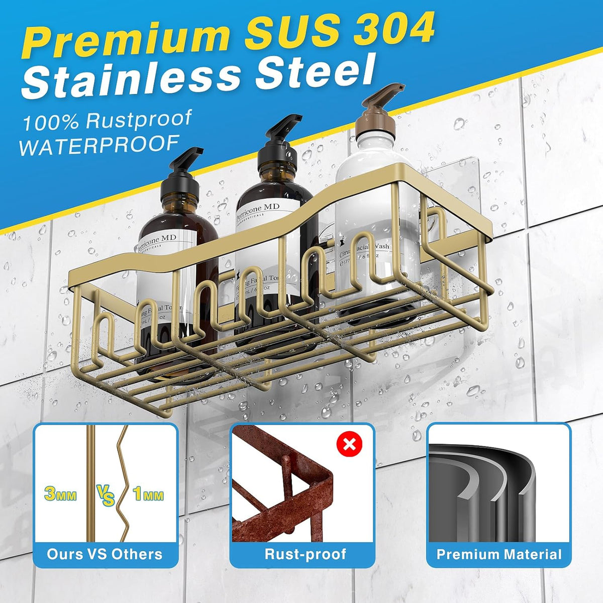 EUDELE 5-Pack Rustproof Stainless Steel Shower Caddy – No Drill Adhesive Bathroom Organizer with Large Capacity, Spacious Shower Shelves for Inside Shower, Kitchen & Home Decor Storage - PuriLite