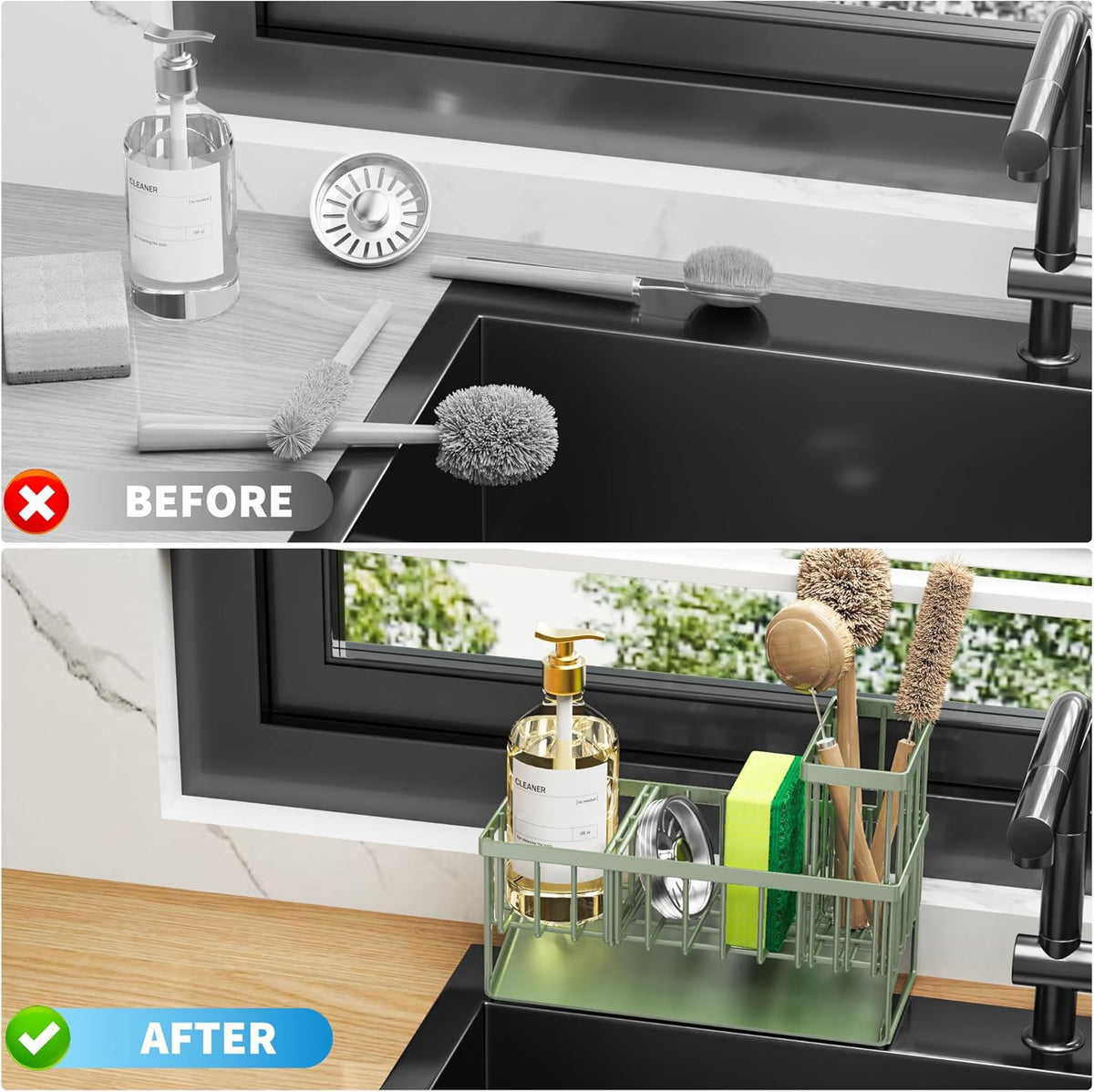 Cisily Kitchen Sink Caddy Organzier with High Brush Holder, Sponge Holder for Sink, 304 Rustproof Stainless, Kitchen Countertop Soap Dispenser Organizer, Kitchen Decor and Accessories (Black) - PuriLite