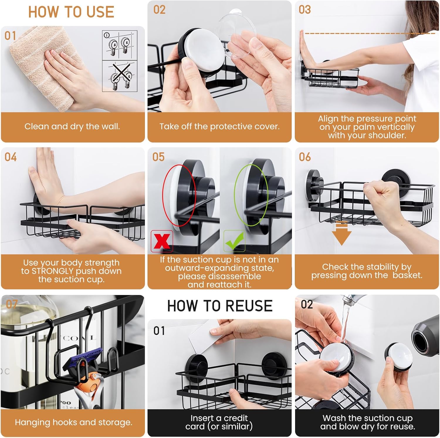 LEVERLOC Shower Caddy Suction Cup, 2 Pack Black Shower Shelf with Hooks and Soap Holder, NO-Drilling Bathroom Organizer, Rustproof Metal Bathroom Storage and Organization - PuriLite
