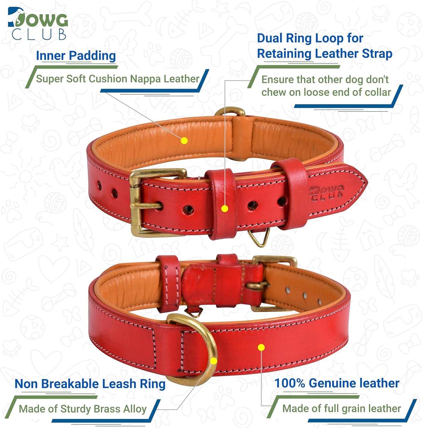 DowgClub | Genuine Leather Dog Collar | Full Grain, Heavy Duty | Comfortable, Strong | Best for Pups, Small, Medium & Large Breeds | Pink, Brown, Black, Tan - PuriLite