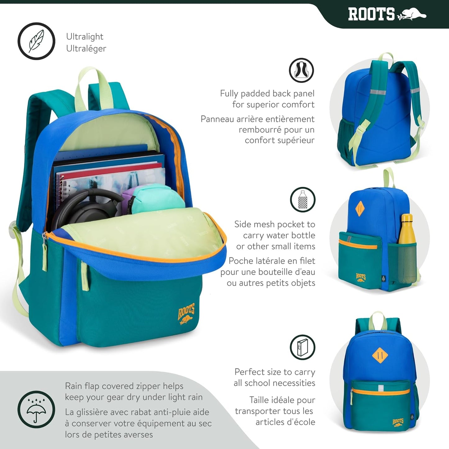 Roots Kids Lightweight Backpack — Made from 100% Recycled Fabrics with Rain Flap, Bottle Pocket, Reflective Accent, and Back Padding — 22.5 litres, Pink & Purple - PuriLite