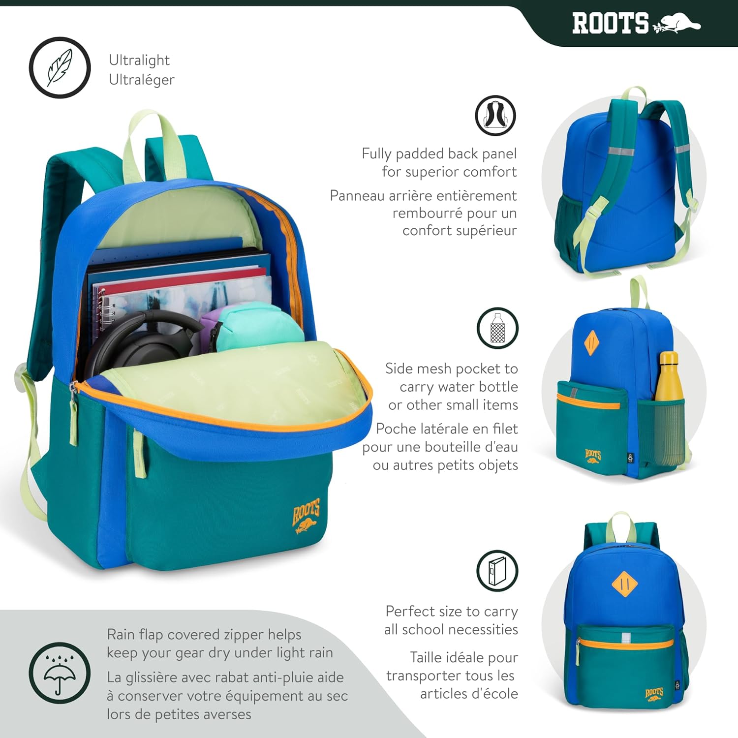 Roots Kids Lightweight Backpack — Made from 100% Recycled Fabrics with Rain Flap, Bottle Pocket, Reflective Accent, and Back Padding — 22.5 litres, Pink & Purple - PuriLite