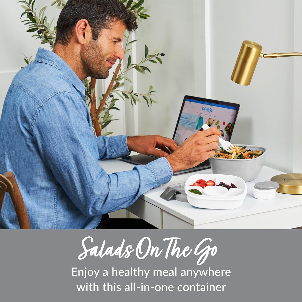 Bentgo Salad - Stackable Lunch Container with Large 54-oz Salad Bowl, 4-Compartment Bento-Style Tray for Toppings, 3-oz Sauce Container for Dressings, Built-in Reusable Fork & BPA-Free (Khaki Green) - PuriLite