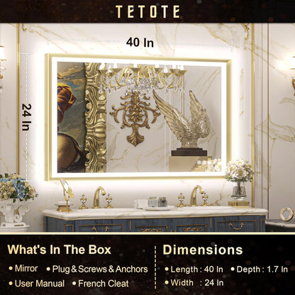 TETOTE 28x36 LED Mirror for Bathroom Black Metal Frame Frontlit & Backlit Lighted Vanity Mirror Baroque Gothic Anti Fog Stepless Dimmable White/Warm/Natural,Wall Mounted(Horizontal/Vertical) - PuriLite