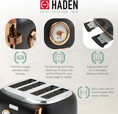 Haden Dorset 75083 Stainless Steel 1500W Retro Toaster 4 Slice Wide Slot w/Removable Crumb Tray and Settings, Black/Copper Toasters w/Adjustable Browning Control, Smart Toaster - PuriLite