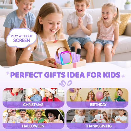 Kids Mini Karaoke Machine with Dual Wireless Microphones, Portable Bluetooth Singing Speaker Toy for Ages 3–12, Party Music and Singing Fun Gift - PuriLite