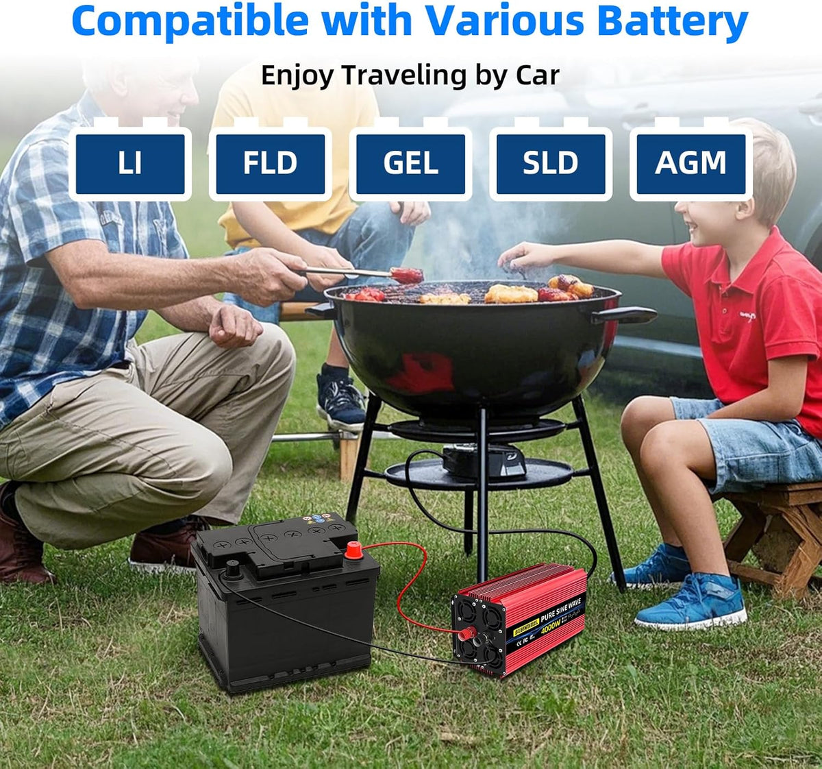 SUNWHEEL 4000W Pure Sine Wave Inverter, 12V DC to 110V/120V AC Power Inverter for RV、Microwave、Off Grid、Truck、Refrigerator、Air Conditioner with 4 AC outlets and LCD Display - PuriLite