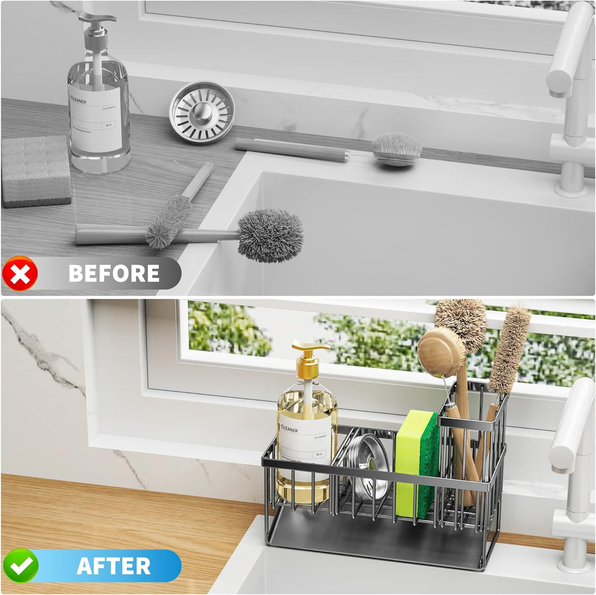 Cisily Kitchen Sink Caddy Organzier with High Brush Holder, Sponge Holder for Sink, 304 Rustproof Stainless, Kitchen Countertop Soap Dispenser Organizer, Kitchen Decor and Accessories (Black) - PuriLite