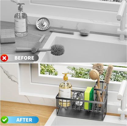 Cisily Kitchen Sink Caddy Organzier with High Brush Holder, Sponge Holder for Sink, 304 Rustproof Stainless, Kitchen Countertop Soap Dispenser Organizer, Kitchen Decor and Accessories (Black) - PuriLite